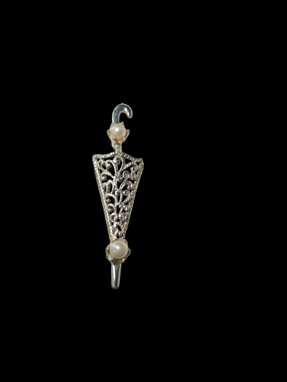 Vintage Silver Tone Filigree Umbrella Brooch Pin with Faux Pearls READ